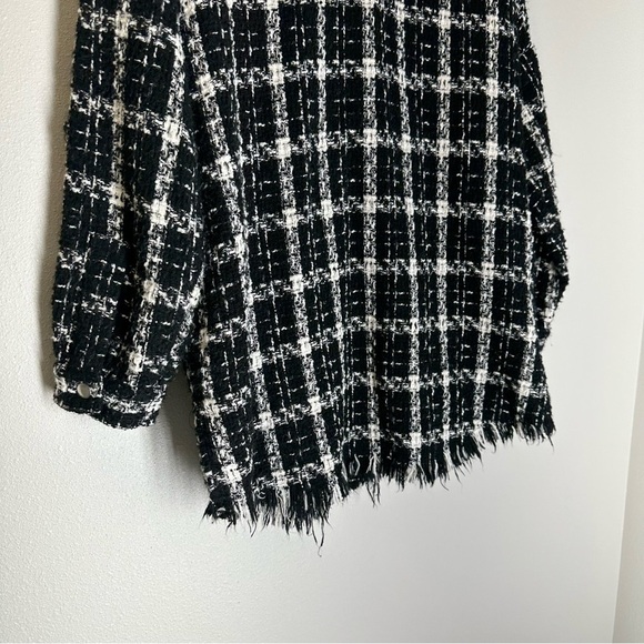 ZARA Tweed Plaid Raw Hem Shirt Jacket Shacket Black White Snap Buttons Size XS - Picture 8 of 11